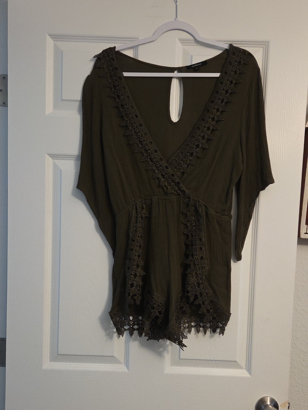 Ambiance Olive Crochet-Trim Wrap Tunic Romper